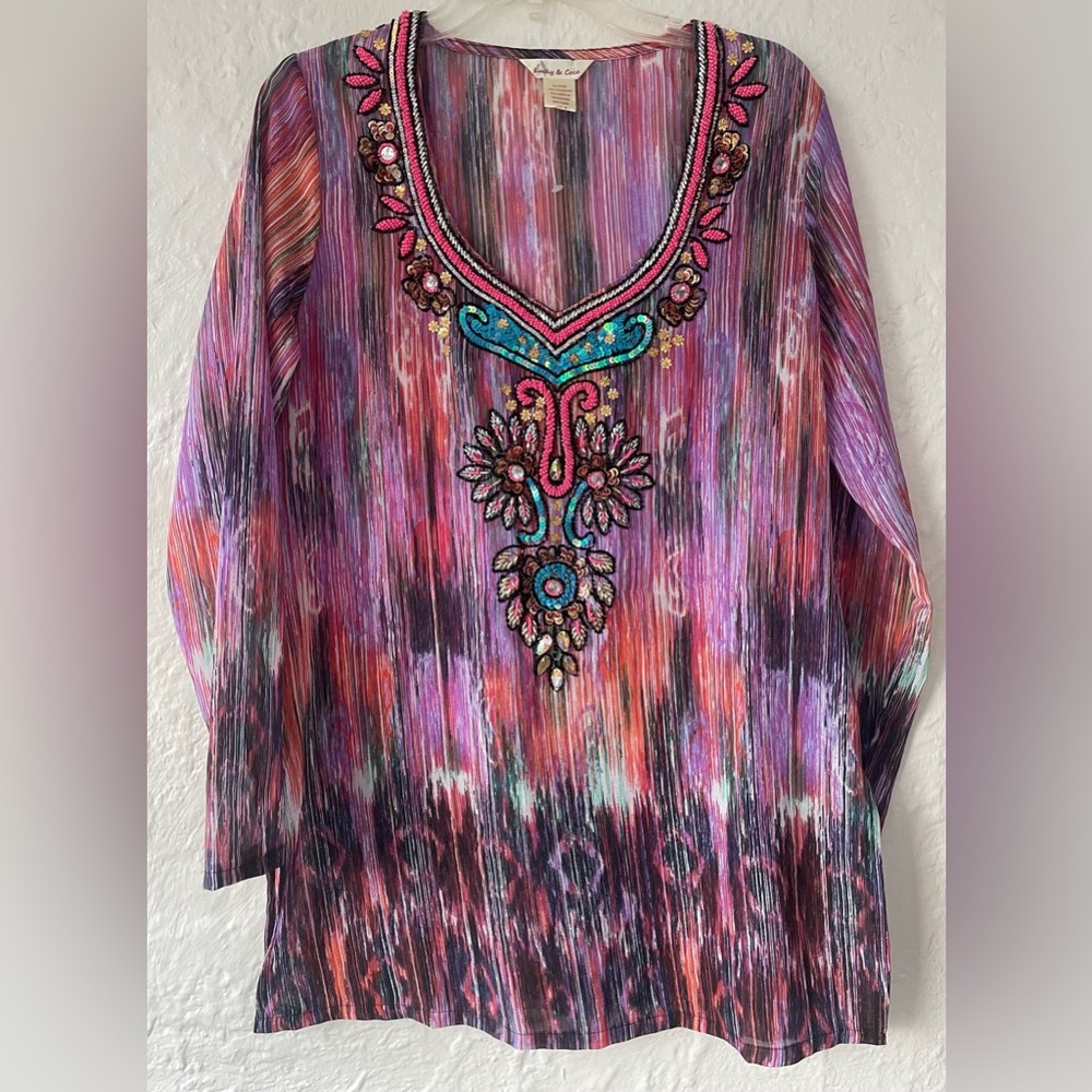 Lucky & Co. multicolored striped deep vneck beaded tunic top/coverup, sheer; M